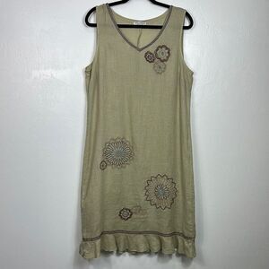 Russ Berens Floral Embroidery Sleeveless V-neck Linen Dress Size L